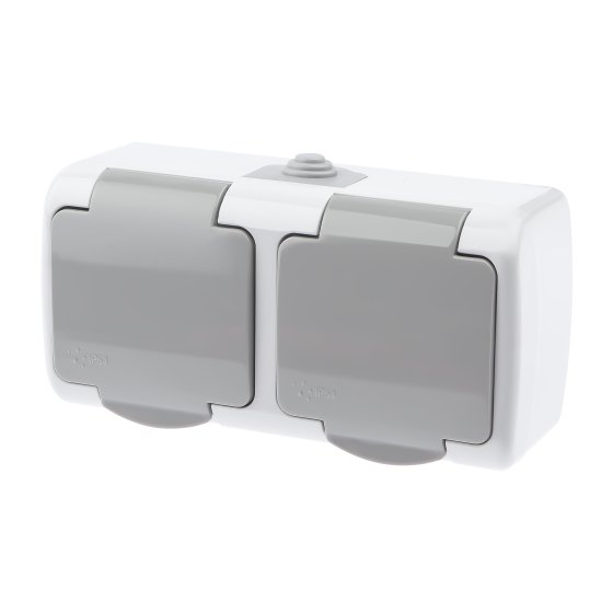 Фотография товара 'Эра Розетка Intro Atlantic 5-204-03 двойная с заземлением 2х2P+E Schuko шторки, 16А-250В, IP54, открытой установки, серый Б0051061'