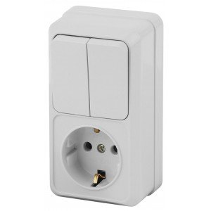 Фотография товара 'Эра Блок розетка+выкл. двойной верт. 10(16)А-250В, IP20, ОУ, Quadro, белый Б0036169'