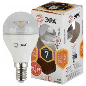 Фотография товара 'Эра Лампочка светодиодная LED P45-7W-827-E14-Clear E14 / Е14 7Вт шар Б0017241'