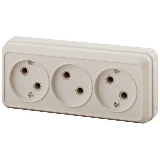 Фотография товара 'Эра Розетка Intro Quadro 2-205-02 без заземления трехместная 3х2P, 16А-250В, IP20, ОУ, слоновая кость Б0053813'