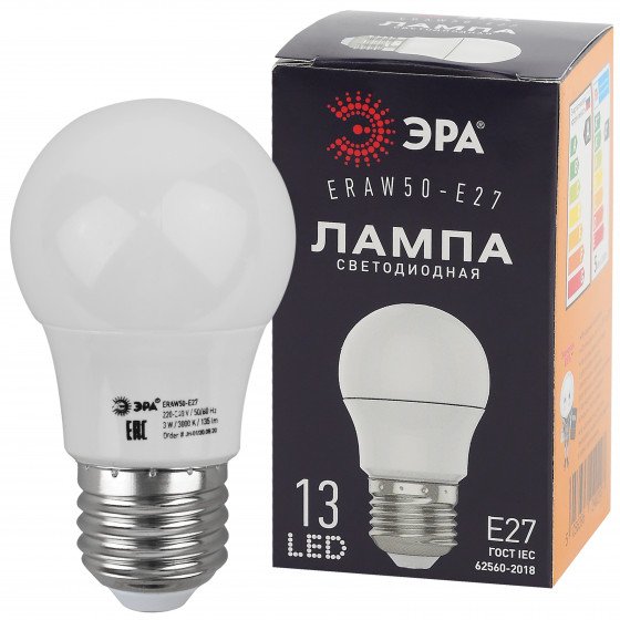 Фотография товара 'Эра ERAW50-E27 ЭРА LED A50-3W-E27 ЭРА (диод. груша, 13SMD, 3W, E27, для белт-лайт), Б0049582'