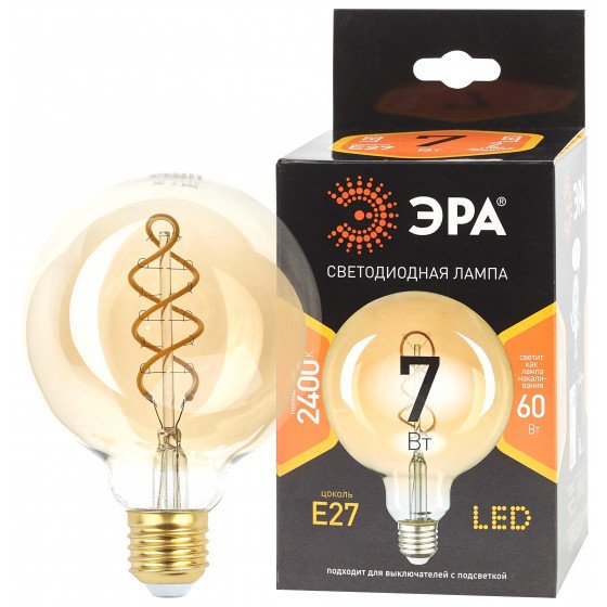 Фотография товара 'Эра F-LED G95-7W-824-E27 spiral gold ЭРА (филамент, шар, 7Вт, тепл, E27) , Б0047663'
