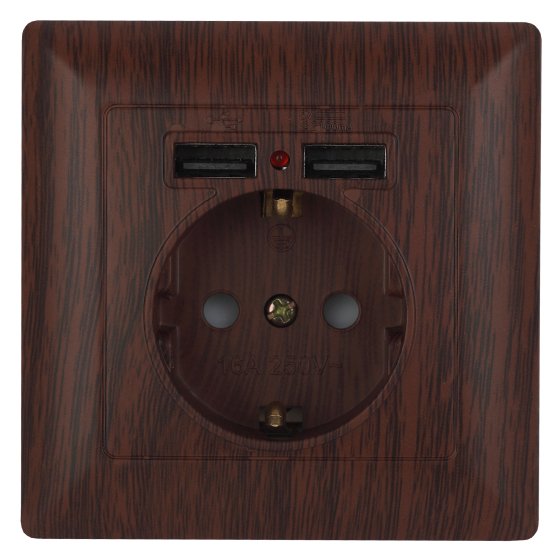 Фотография товара 'Эра Розетка Intro Solo 4-410-10 с заземлением P+E Schuko со шторками, 16А-250В + 2хUSB, IP20, СУ, венге Б0053719'