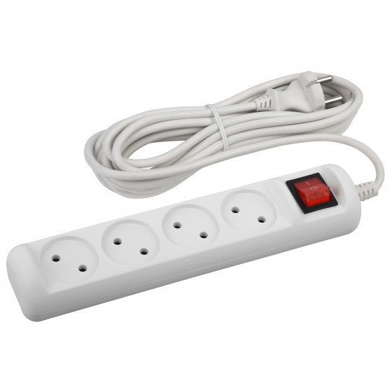 Фотография товара 'Эра Удлинитель электрический ЭРА U-4s-5m-2x1 без заземления c выключателем 4 розетки 5м ПВС 2x1мм2 10А, Б0044054'