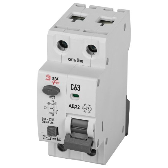 Фотография товара 'Эра АВДТ 4,5кА PRO D32E2C63АC300P АД-32 электронное 1P+N C63 300мА тип АC защита 230В Б0057360'